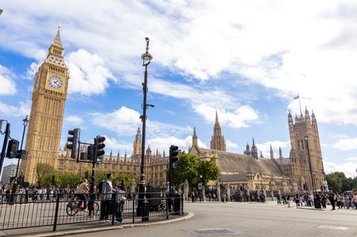 Free View of Big Ben and the Houses of Parliament on a sunny day in London, UK. Stock Photo