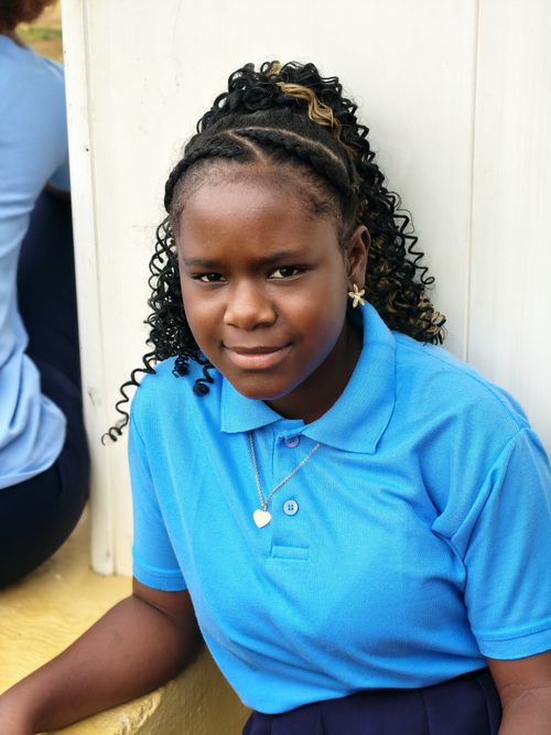Free Young girl wearing a blue polo shirt with braided hair, sitting outdoors. Stock Photo
