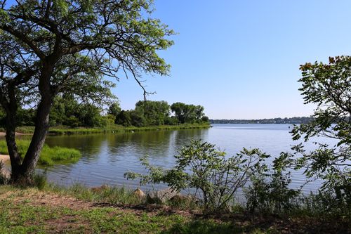 Free Beautiful lakeside scene with lush greenery and clear blue sky in summer. Stock Photo