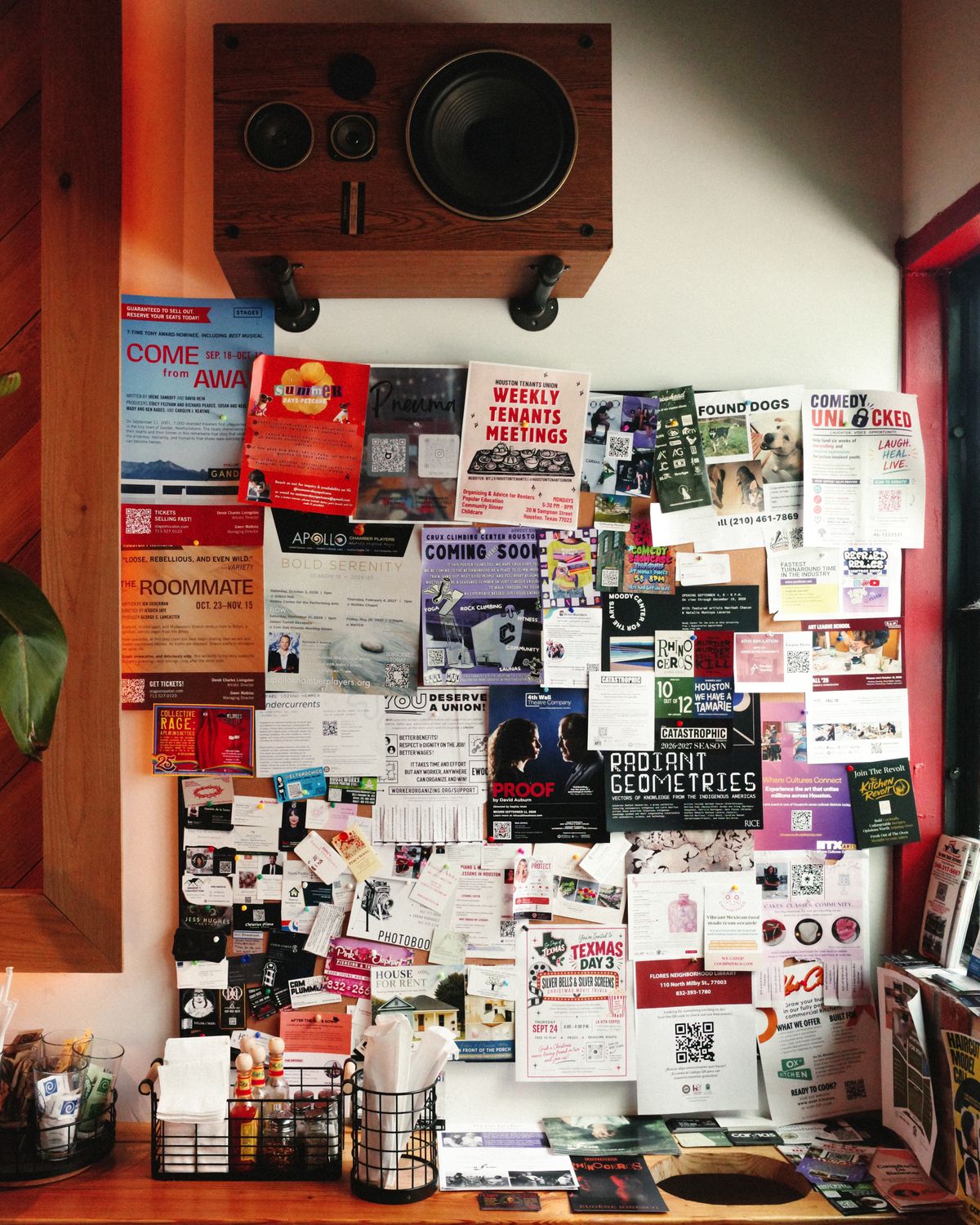 Wall of layered posters and printed flyers