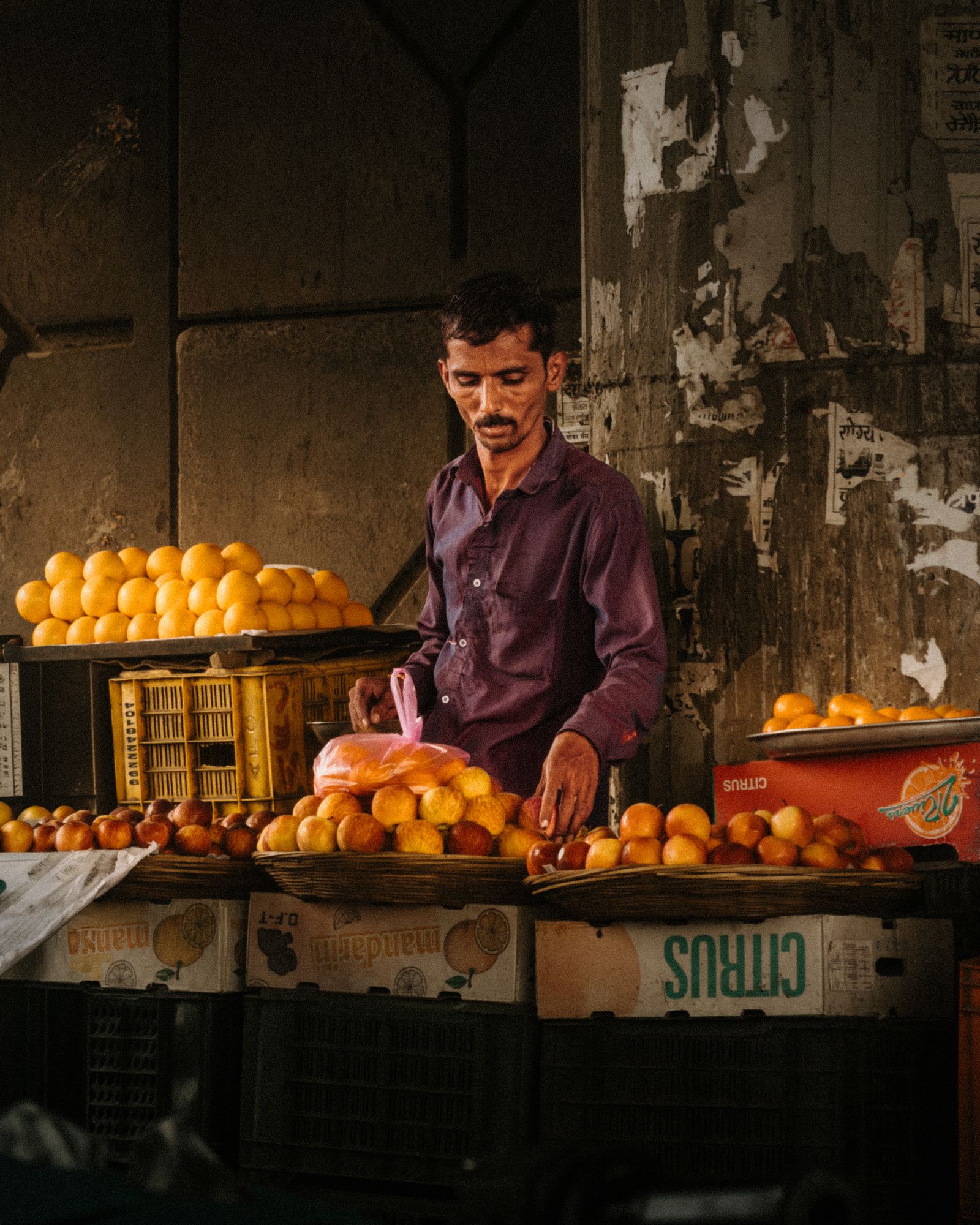 Fruit seller arranging oranges and apples at a market stall in India