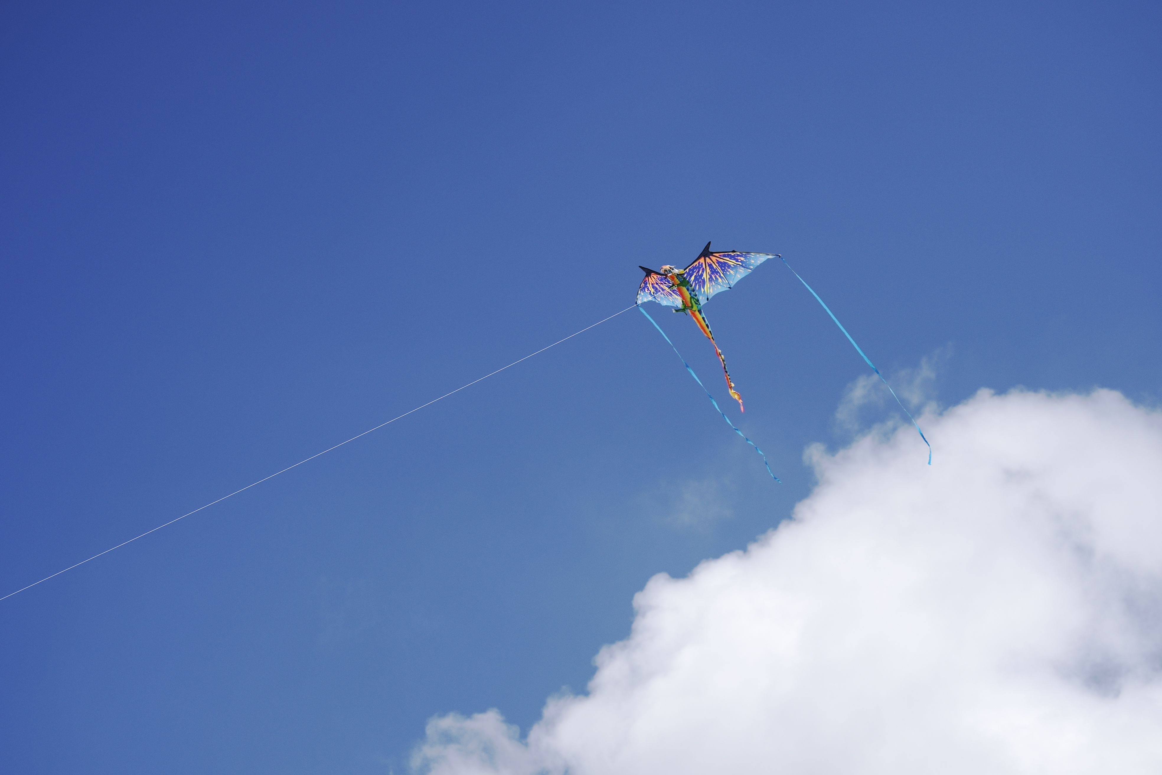Vibrant kite soaring in a clear blue sky with fluffy clouds below.