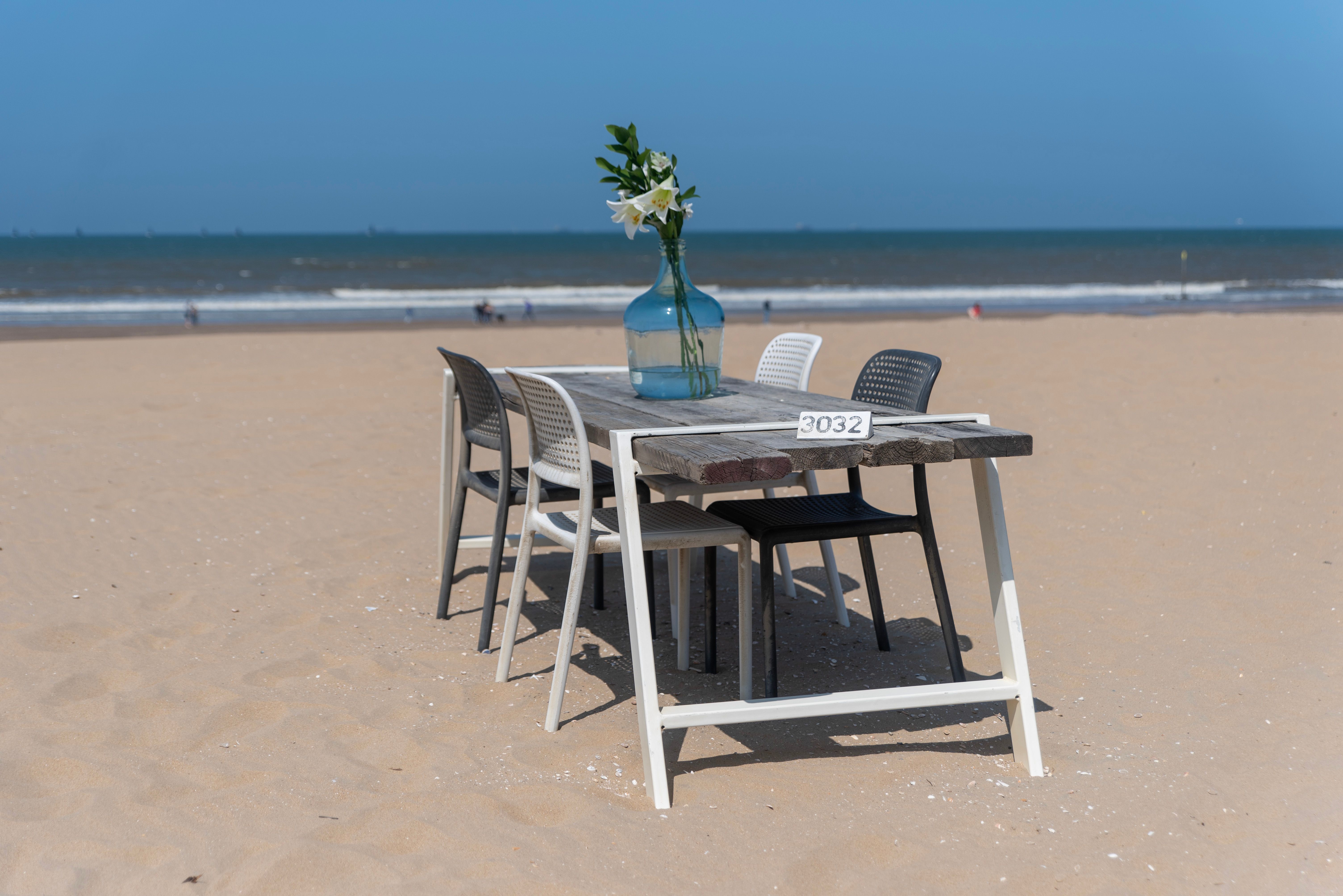 Outdoor dining setup on a sunny beach with a vase of flowers, offering a serene coastal view.