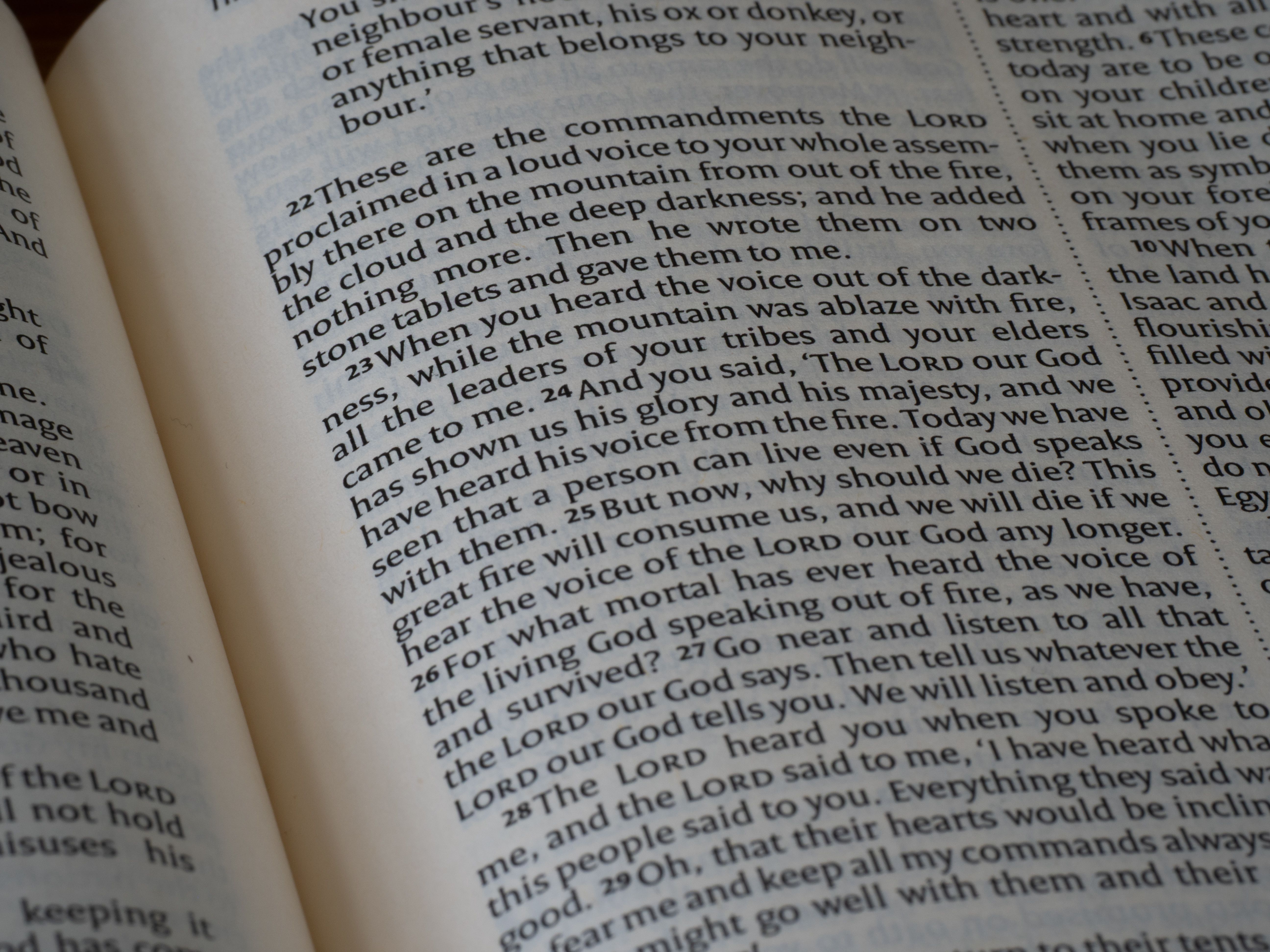Detailed close-up of a Bible page showing text from the book of Deuteronomy.