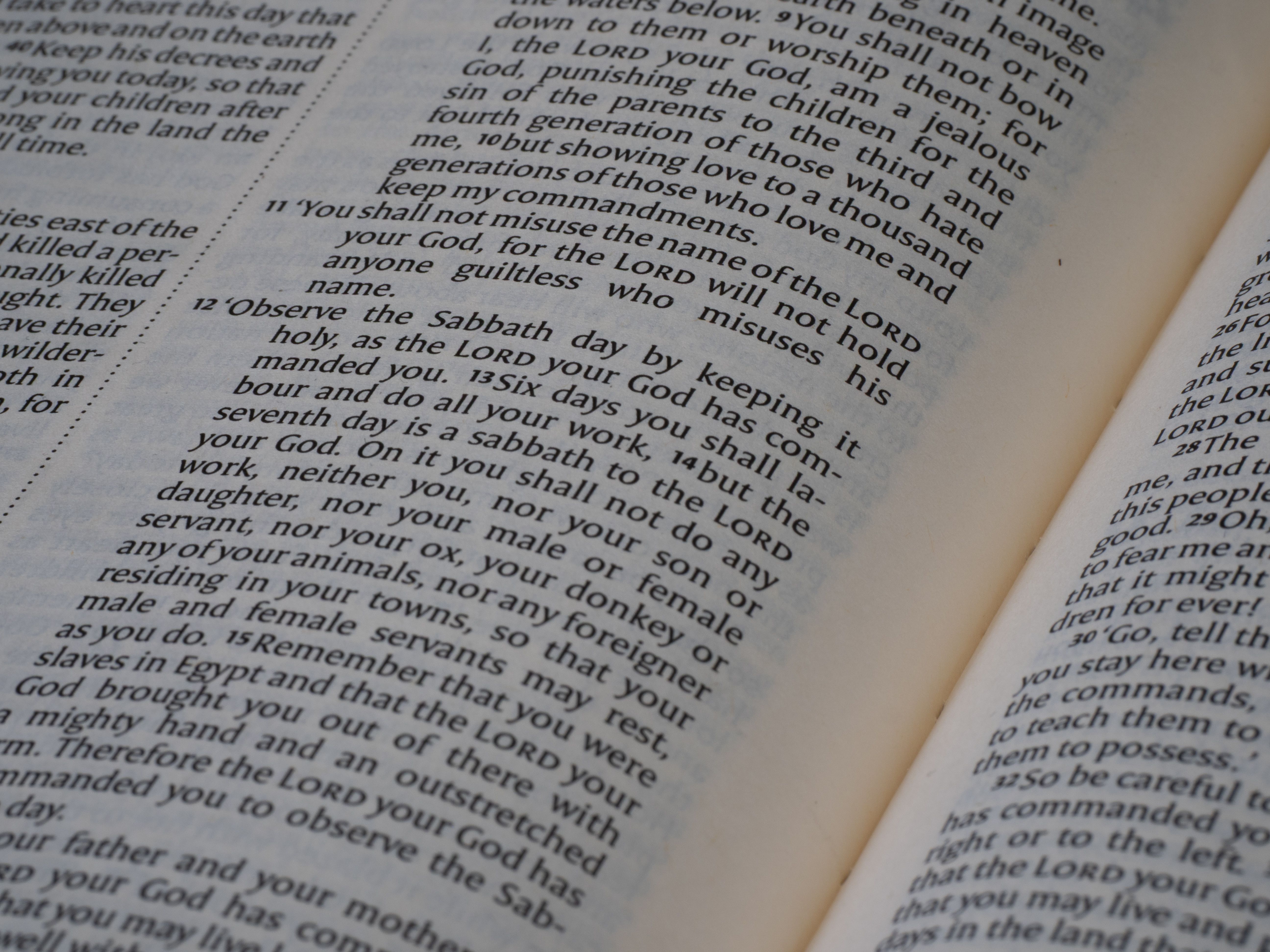 Detailed close-up of text from the Book of Deuteronomy in the Bible, focused on scripture reading.