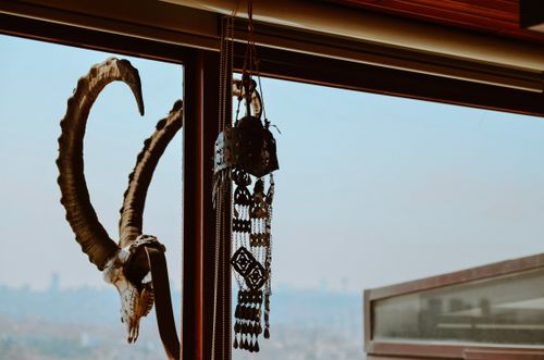 Free Antlers and traditional decor hanging by a window overlooking a city skyline. Stock Photo