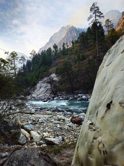 Free Captivating view of a river flowing through the Himalayan mountains surrounded by trees and rocky terrain. Stock Photo