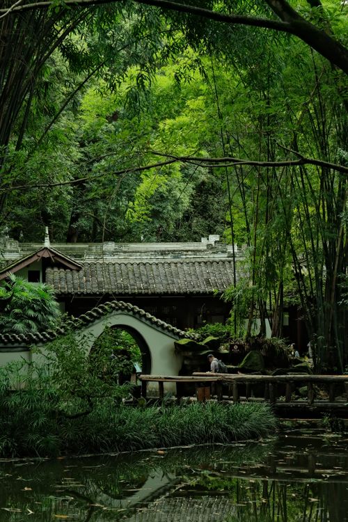 Free Tranquil Asian garden surrounded by lush bamboo and traditional architecture, reflecting in a pond. Stock Photo