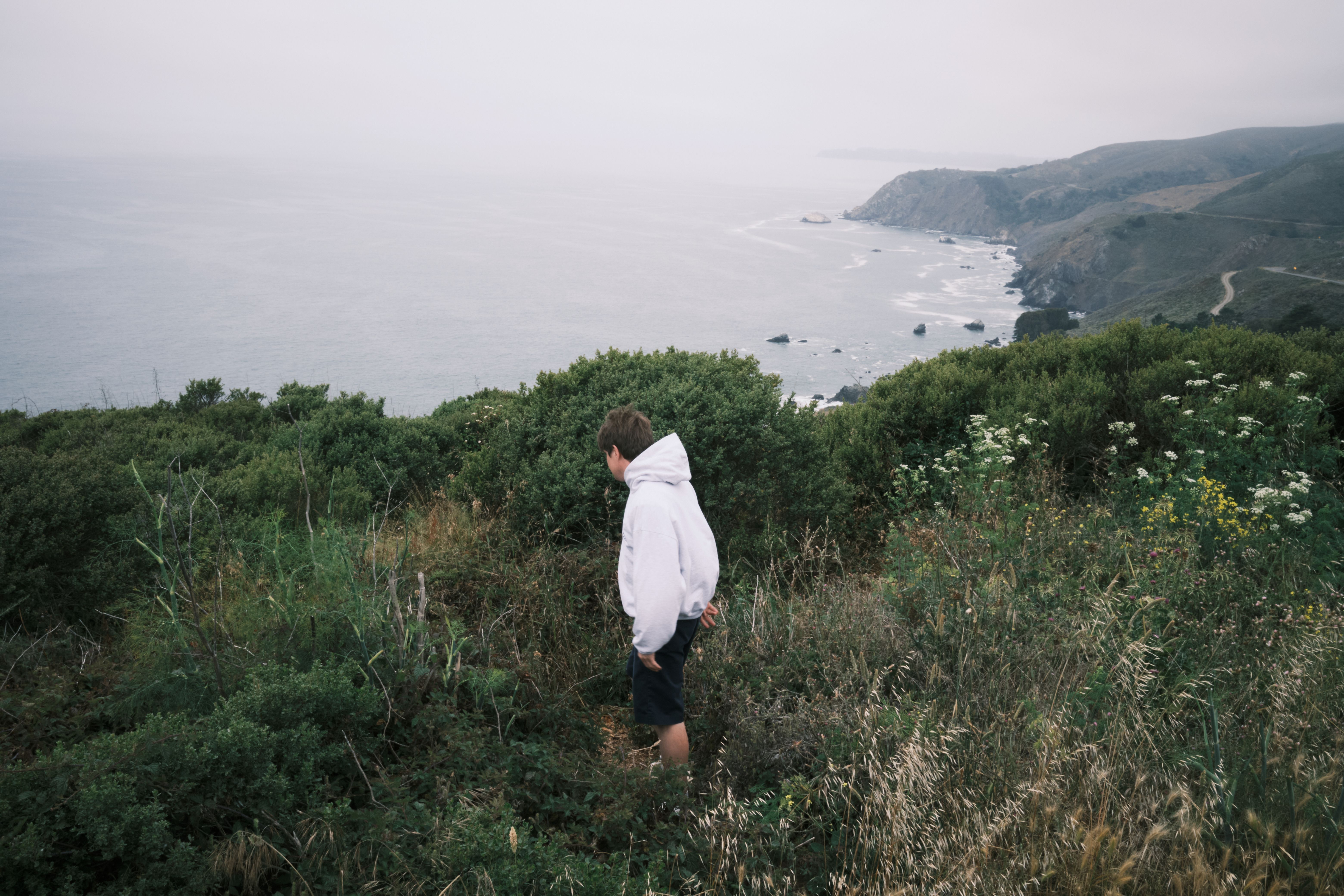 A person walks through California's coastal landscape, overlooking the vast ocean under a cloudy sky.