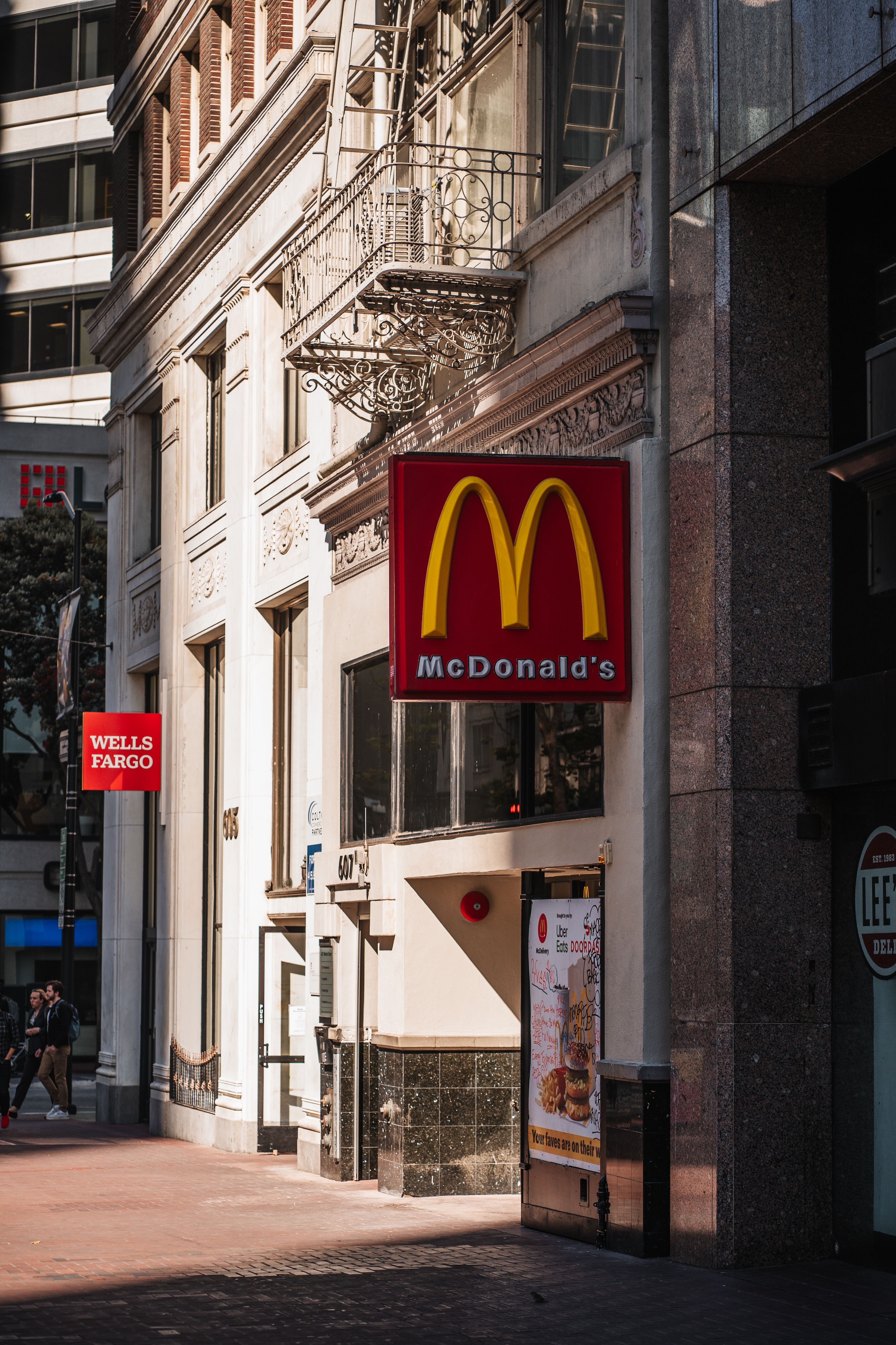 Street view of McDonald's sign and architecture in San Francisco, California.