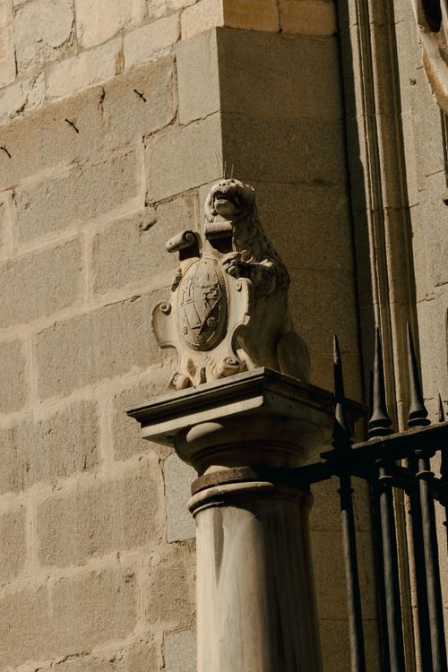 Free Stone carving of a lion on gothic architecture facade in sunlight. Stock Photo