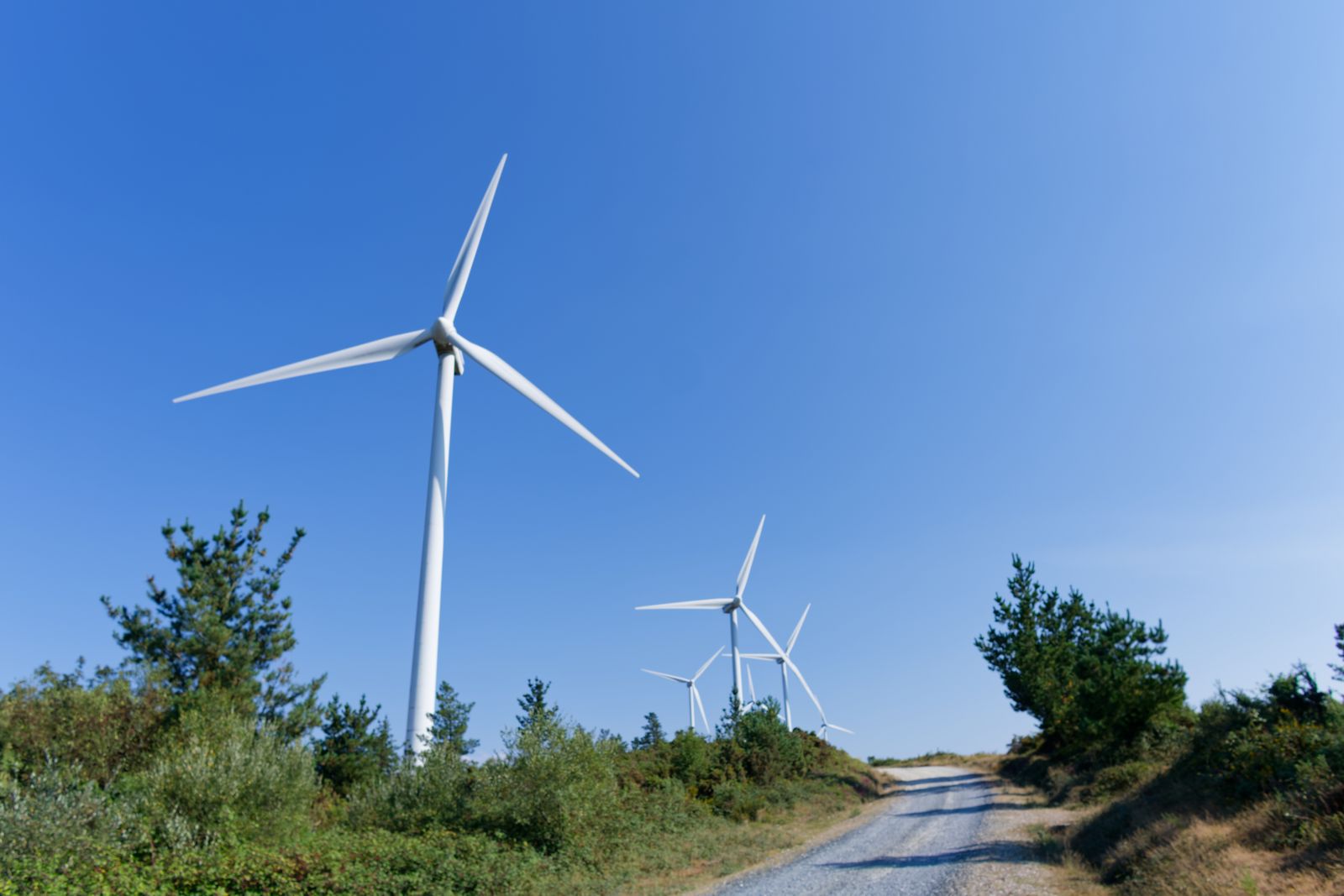 Chemin de gravier menant à des éoliennes, sur une colline de Galice