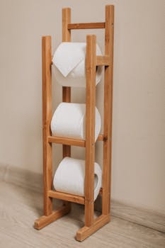 Elegant wooden rack displaying multiple toilet paper rolls. Ideal for bathroom essentials storage.