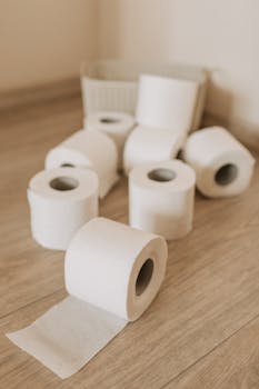 Multiple toilet paper rolls scattered on a wooden floor, highlighting hygiene essentials.