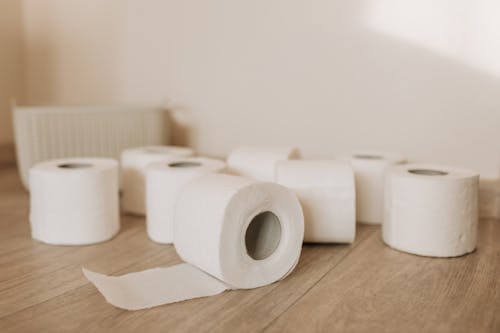 Free Toilet Paper Rolls on the Floor Stock Photo