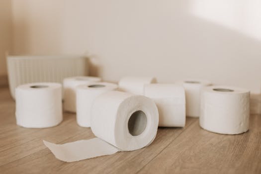 A collection of toilet paper rolls spread on a wooden floor with soft lighting, depicting everyday essentials.