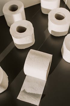 深色表面上展示着时尚的卫生纸卷，自然光线充足