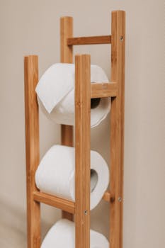 A clean and modern wooden rack holding rolls of toilet paper, perfect for interior design inspiration.