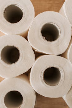 Top view of multiple toilet paper rolls arranged on a wooden surface, offering ample copy space.