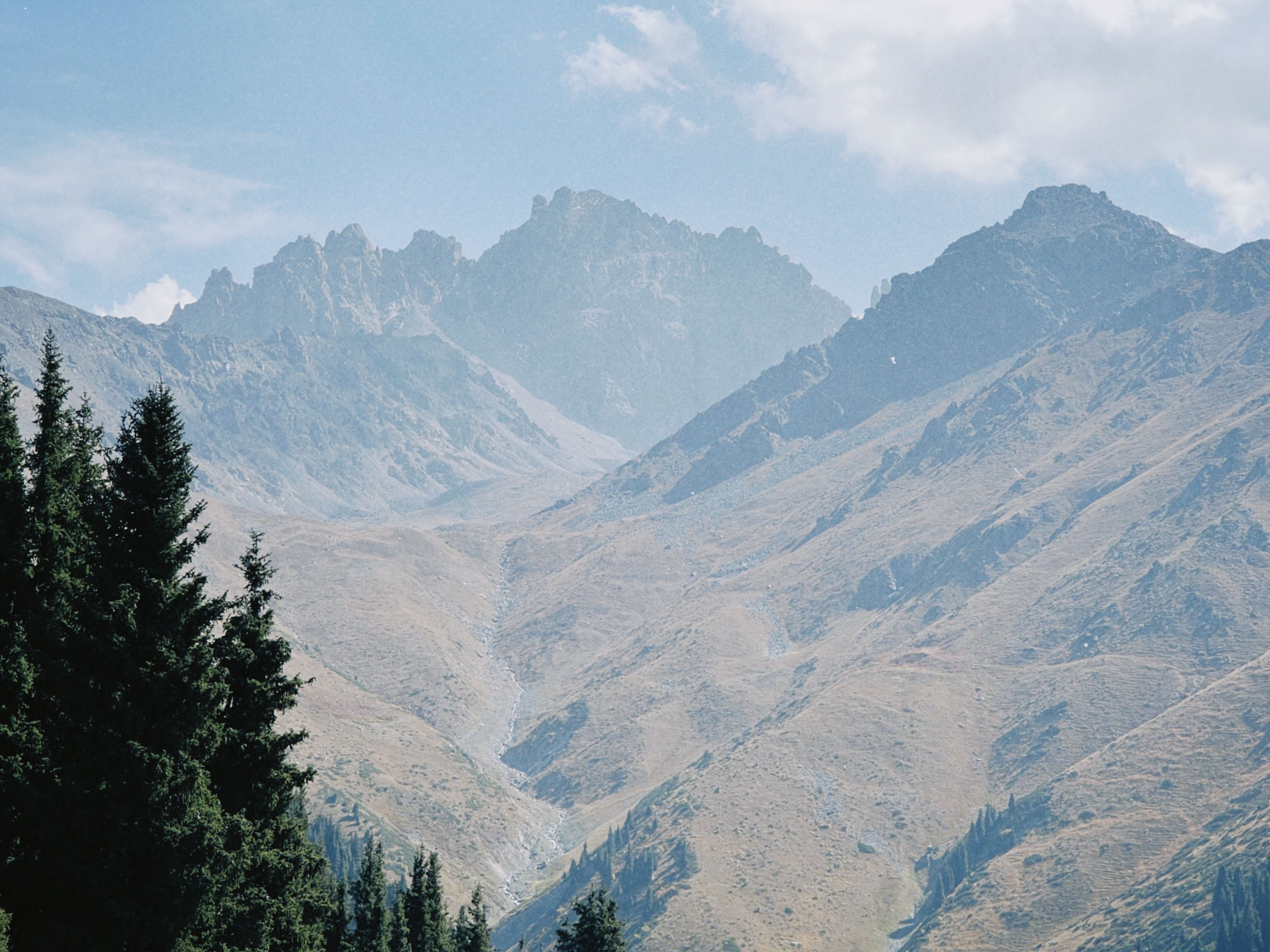 Scenic view of a towering mountain range with lush trees in Talgar, Almaty Region, Kazakhstan.