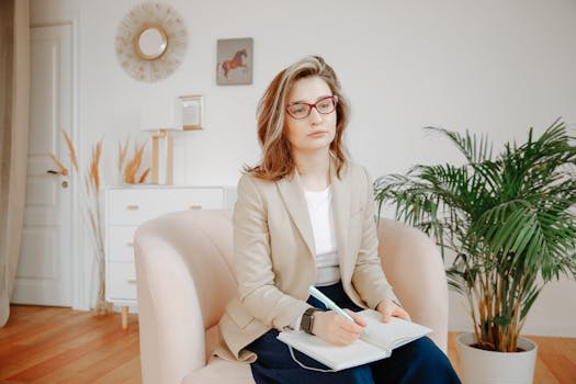 A female therapist in a beige blazer taking notes, focused during a session in a calm office setting.