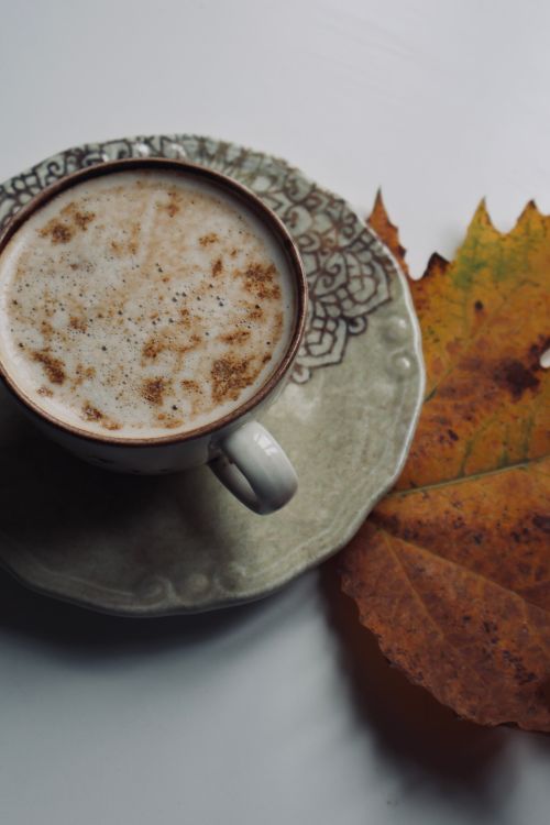 Free A cozy cup of cinnamon latte beside autumn leaves, evoking a warm fall ambiance. Stock Photo