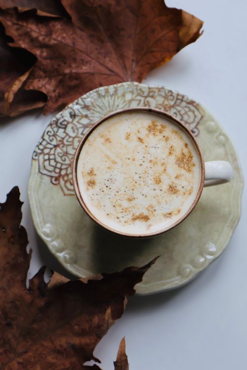 Free Top view of a creamy latte sprinkled with cinnamon, surrounded by autumn leaves on a decorative plate. Stock Photo