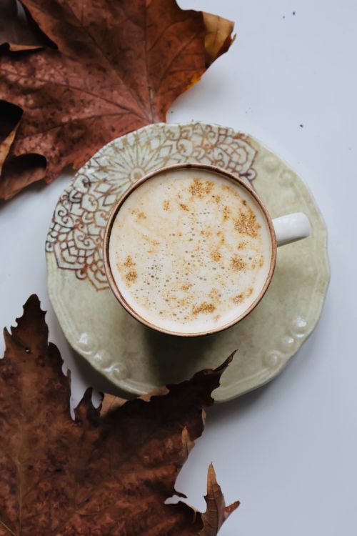 Free A warm cup of spiced coffee surrounded by autumn leaves on a decorative plate. Stock Photo