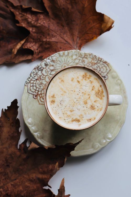 Free Cozy latte in a patterned cup with autumn leaves for seasonal ambiance. Stock Photo