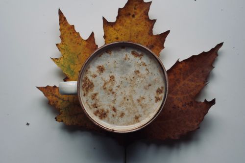 Free A warm cup of cinnamon coffee surrounded by autumn leaves, perfect for fall vibes. Stock Photo