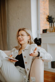 Woman in disbelief while holding cellphone indoors, expressing emotion.