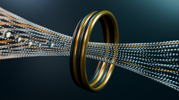 A digital render depicting a gold ring surrounded by dynamic metallic particles, showcasing futuristic technology concepts.
