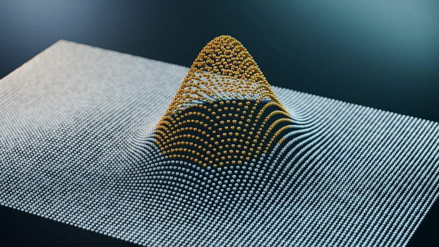 Abstract 3D rendering of metallic particles forming a wave-like structure, representing data visualization in technology.