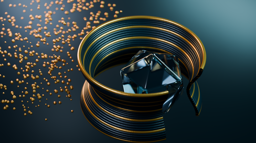 Free A captivating 3D render of metallic rings with floating golden particles. Stock Photo