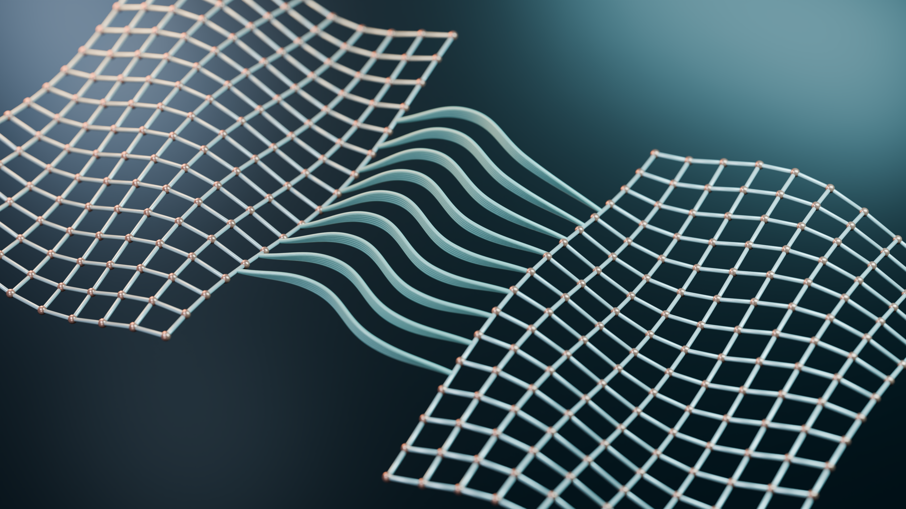 3D render of a futuristic abstract mesh connecting with wavy lines, depicting technology and networks.