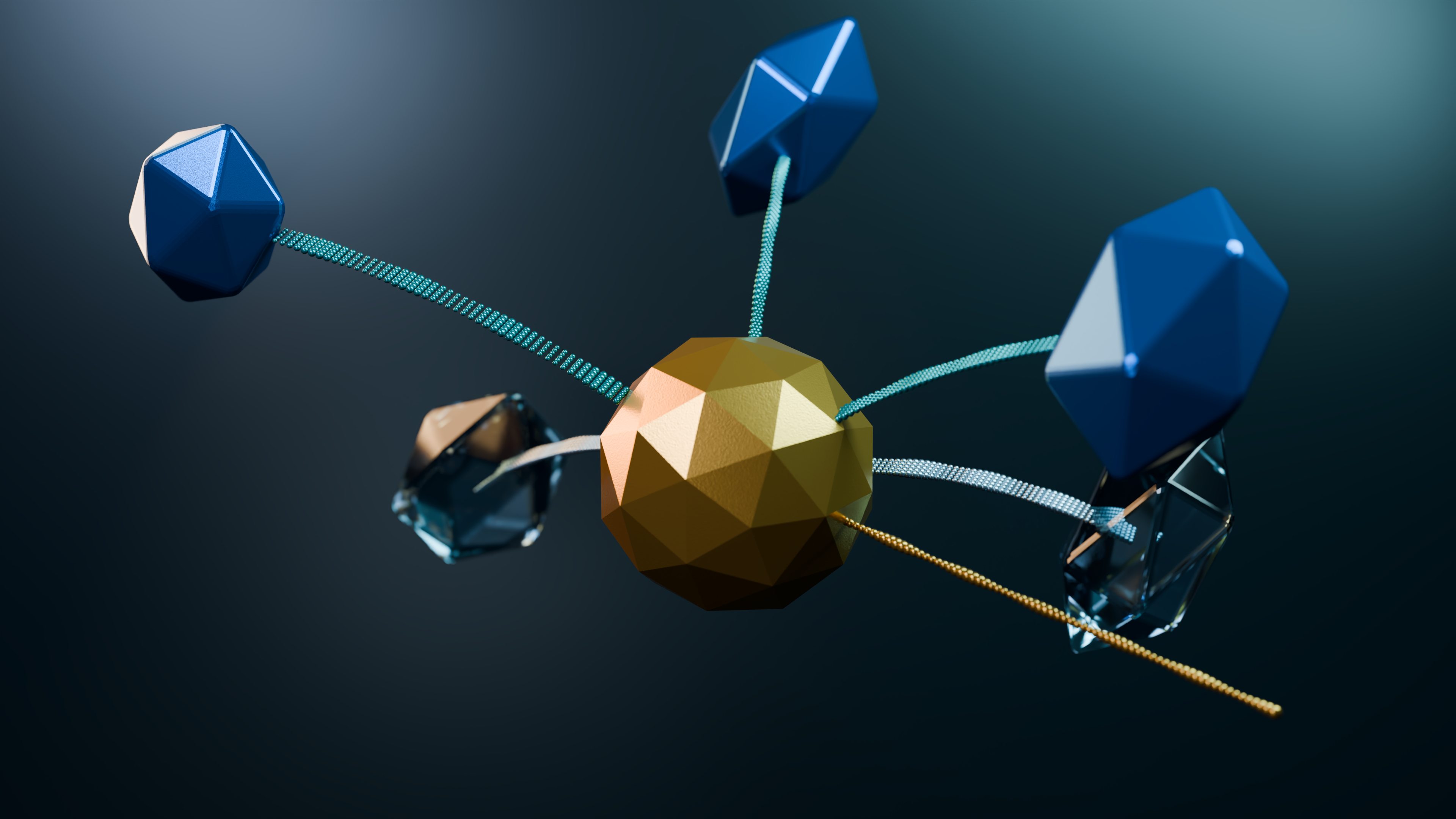 A 3D rendered concept of artificial intelligence with geometric structures and connections.