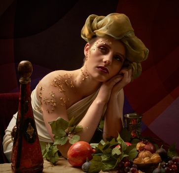 A woman in a classical pose with fruit and leaves, evoking an artistic, vintage style.