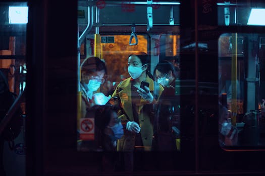 A scene of commuters wearing face masks on a Shanghai bus during the COVID-19 pandemic.