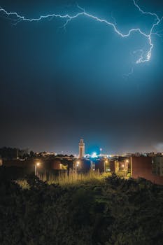 夜幕下，迷人的城市天际线被一道戏剧性的闪电照亮