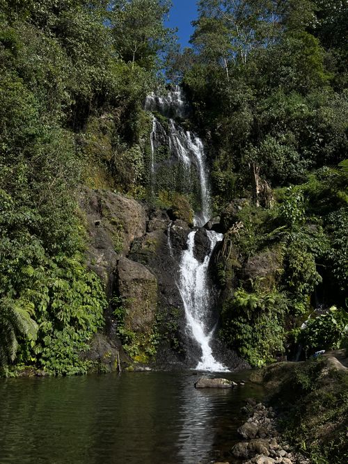 Free A stunning waterfall cascades in the dense, green jungle of Bali, Indonesia. Stock Photo