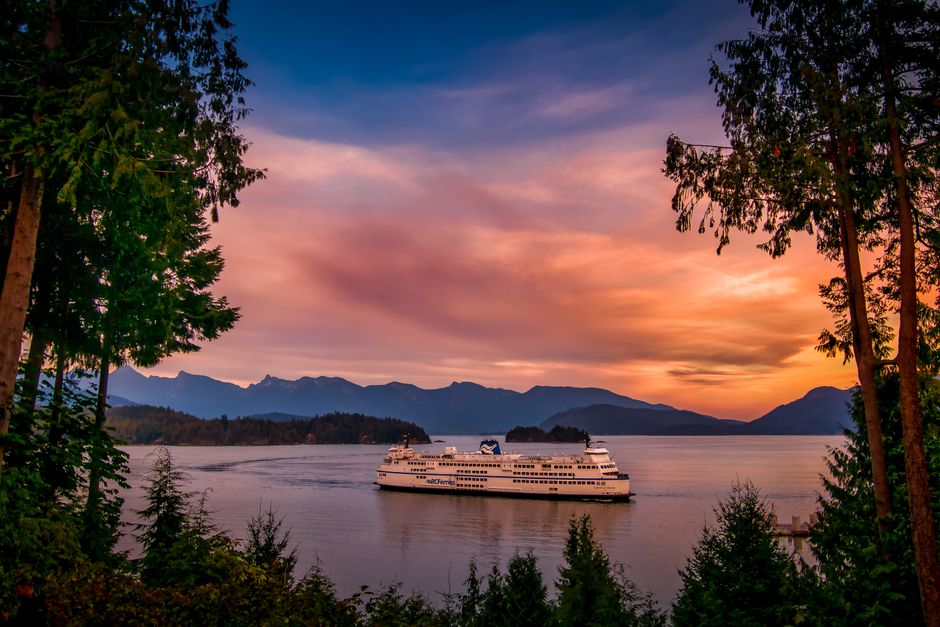 BC Ferries vessel sailing through scenic waters between Vancouver and Victoria, Canada