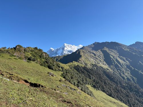 Free Stunning view of the Himalayan mountain range with lush green foreground and clear blue skies. Stock Photo
