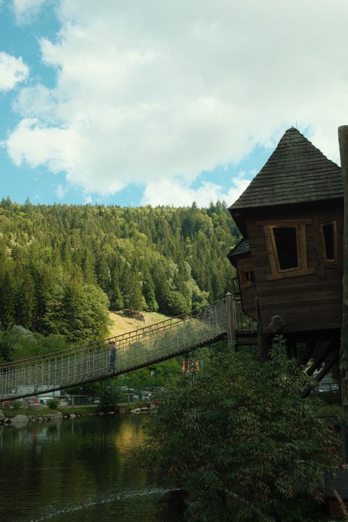 Free A beautiful wooden bridge and rustic building amidst lush forests in Baden-Württemberg. Stock Photo