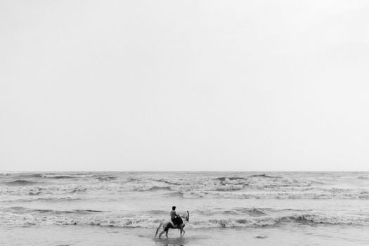 Black and white photo of a person on horseback by the sea, reflecting solitude.