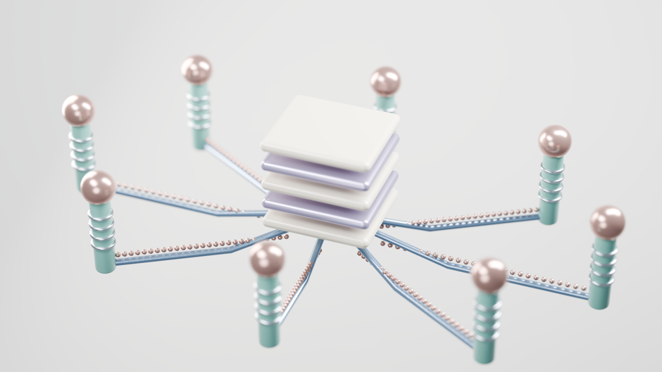 Abstract 3D rendering of a digital network structure with nodes and connections.
