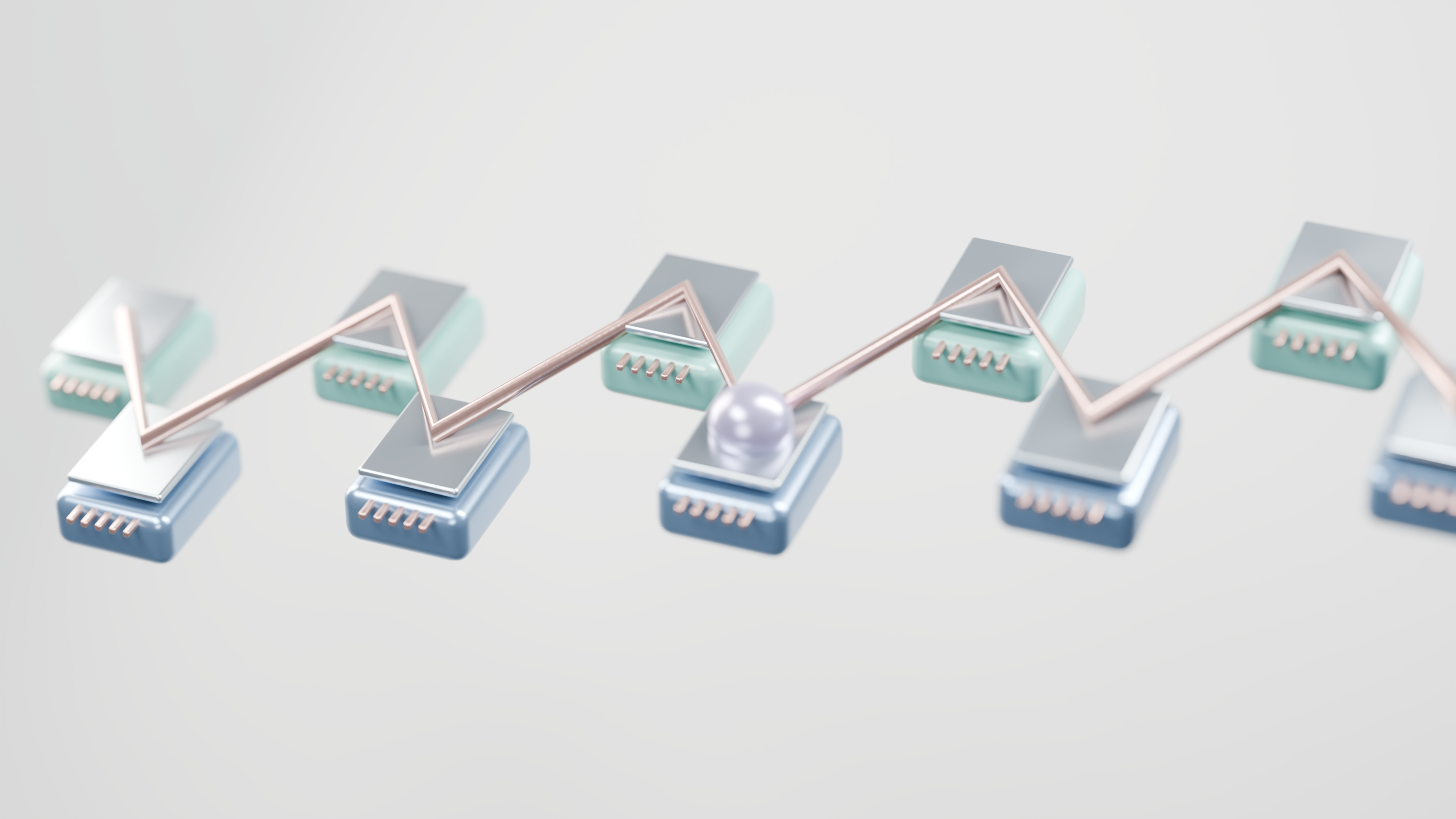 Abstract 3D render of pastel-toned technological elements representing data flow.