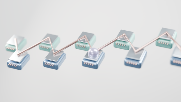3D abstract render showcasing modern technological elements representing data flow in pastel tones.