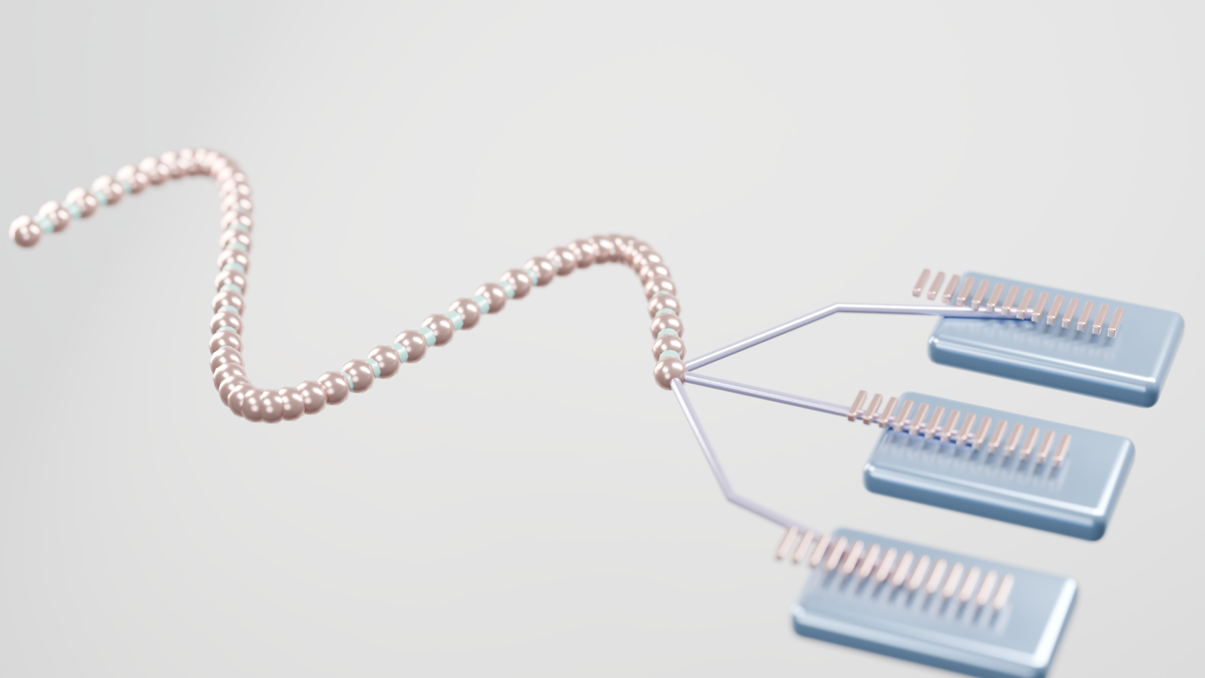 3D render of a network data stream with cables and nodes, abstract depiction.