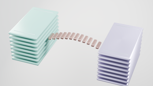 Free A conceptual 3D render illustrating data transfer between stacks of metallic objects. Stock Photo