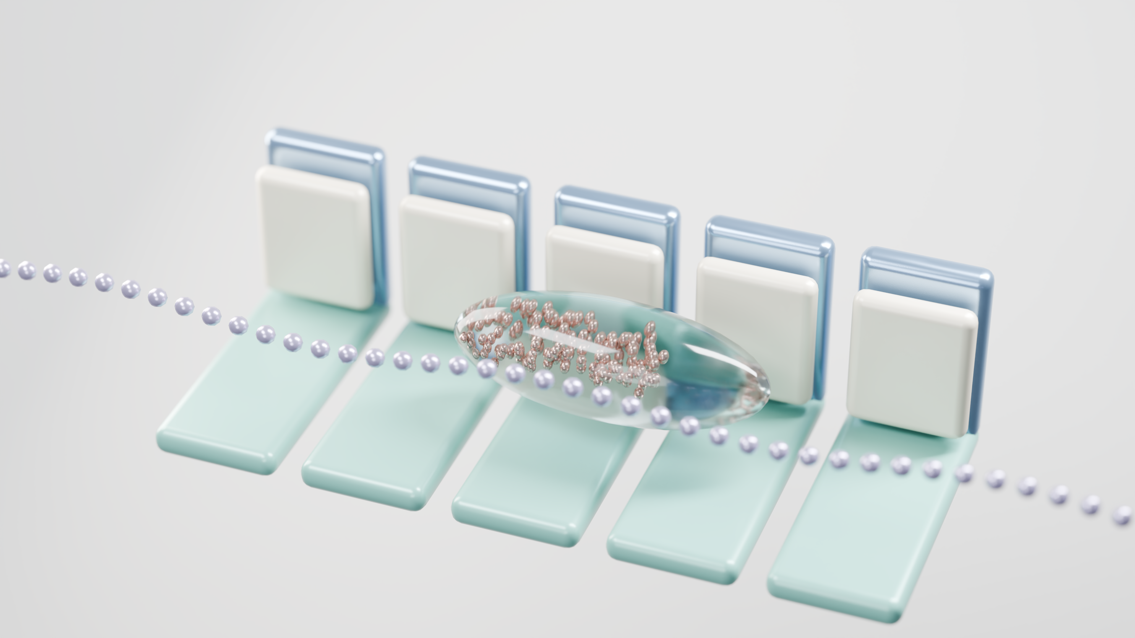 Abstract 3D render of layered objects with metallic and glass elements, depicting futuristic technology themes.